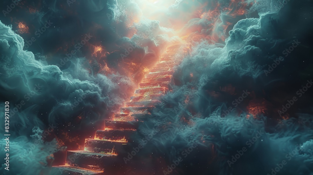 Close-up of an ethereal stairway to heaven, with glowing steps and a mystical aura, fading into a bright celestial light Close-up of an ethereal stairway to heaven, with glowing steps and a mystical aura, fading into a bright celestial light