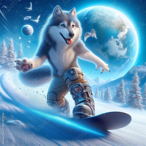 Wolf auf einem Snowboard photo