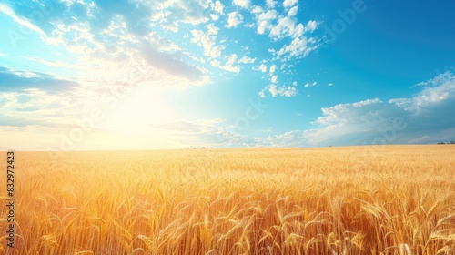 Field of golden wheat under a sunny blue sky
