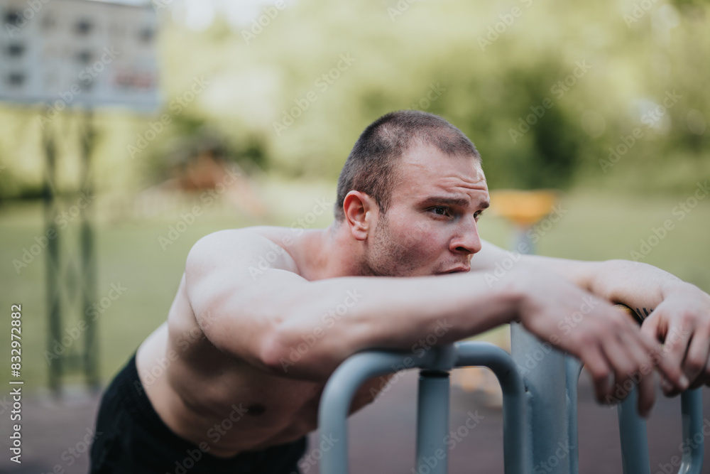 Obraz premium Man resting after an intense outdoor workout in a park, depicting determination, focus, and perseverance.