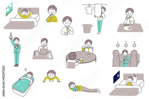 一人暮らしの男性の1日のルーティンイラスト素材セット	