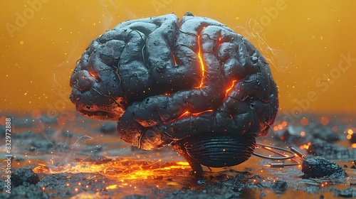 Representation of a human brain made of dark material with usb cable connected on yellow background. 3d illustration photo