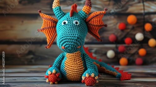Dragon doll crocheted against a wooden backdrop photo