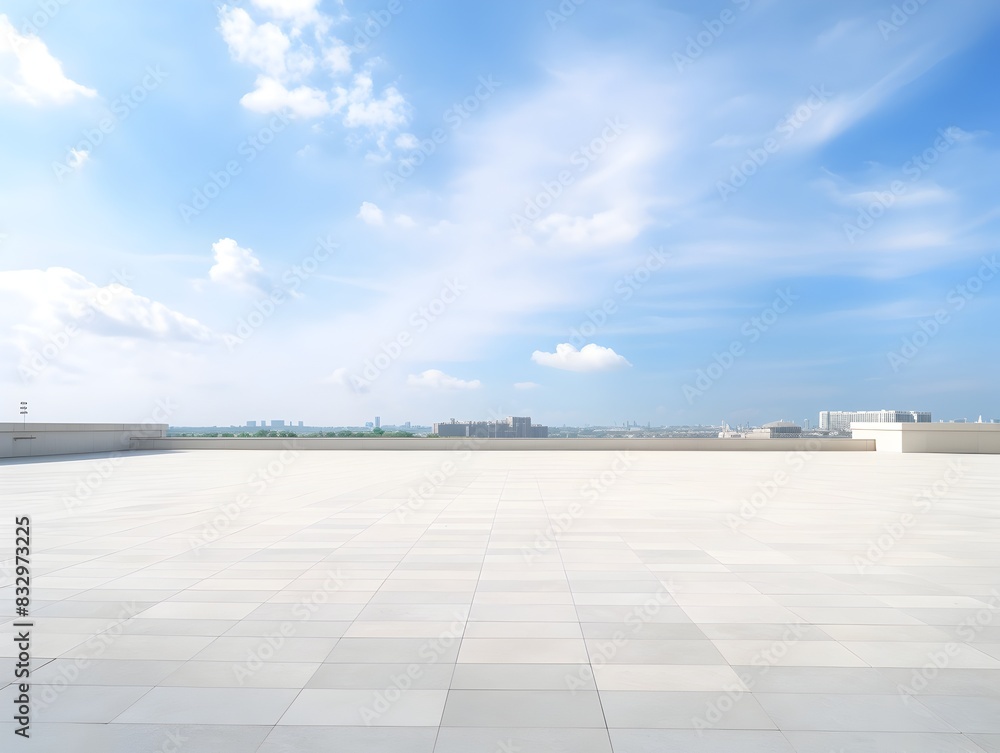 Empty Concrete Architectural Floor with Panoramic Urban Sky and Clouds at Daylight Empty Concrete Architectural Floor with Panoramic Urban Sky and Clouds at Daylight