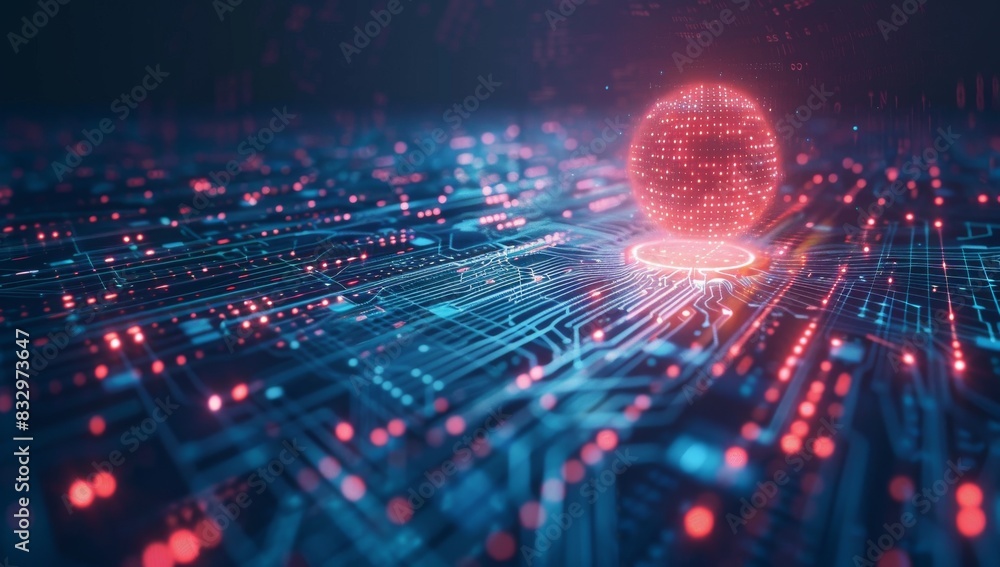 Abstract futuristic background with digital glowing elements and computer chip circuit board structure, dark blue color theme. Abstract futuristic background with digital glowing elements and computer chip circuit board structure, dark blue color theme.