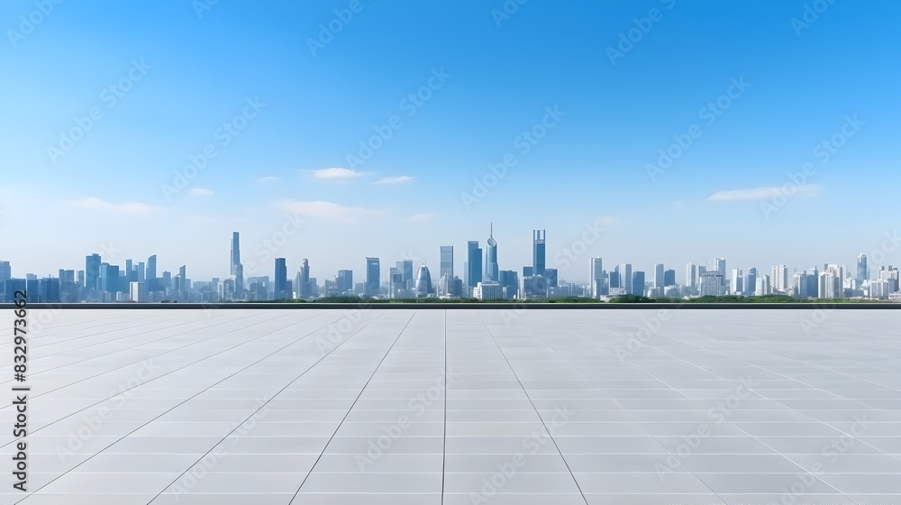 Panoramic View of Sleek Modern City Skyline Against Bright Blue Sky Panoramic View of Sleek Modern City Skyline Against Bright Blue Sky