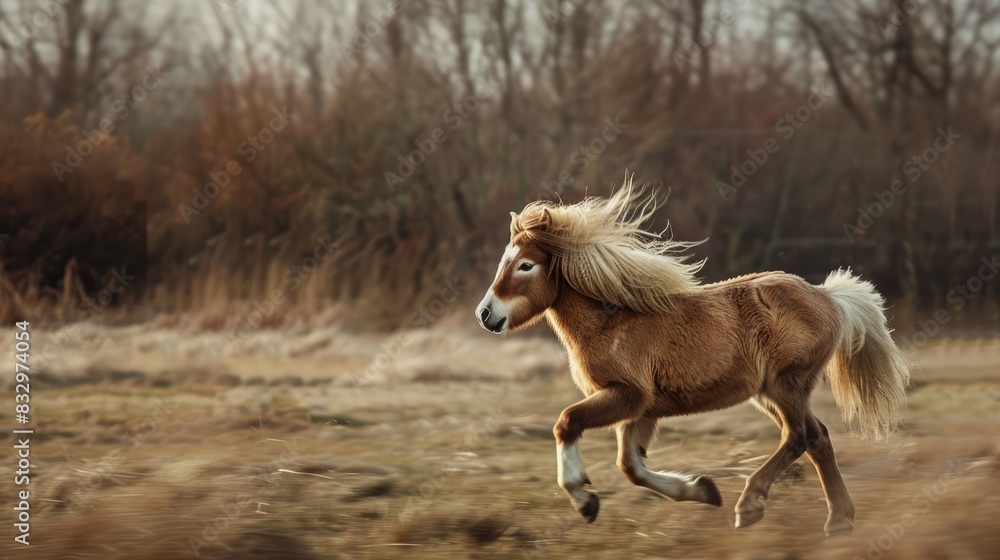 Shetland pony moving gracefully in a field Shetland pony moving gracefully in a field