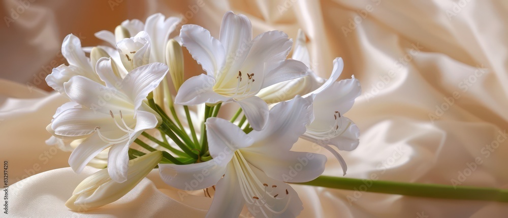 white lily of the Nile, agapanthus laid on a silk background
white lily of the Nile, agapanthus laid on a silk background