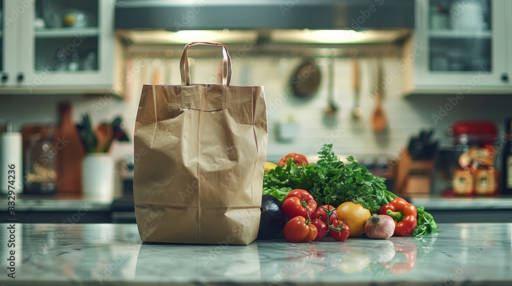An empty grocery bag sits on the kitchen counter, waiting to be filled with fresh produce and pantry staples. An empty grocery bag sits on the kitchen counter, waiting to be filled with fresh produce and pantry staples.