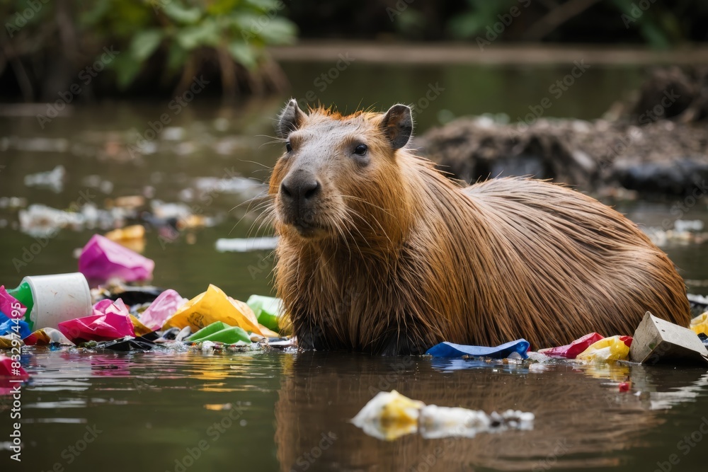 Capybara swimming in a river full of plastic and trash, pollution as an environmental issue 
