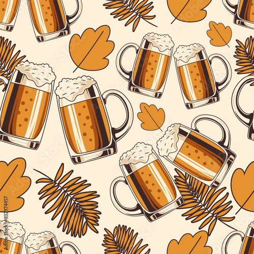 cold beer mug vintage seamless pattern, retro style vector illustration