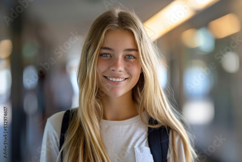 An attractive young blonde woman with long hair wearing casual attire and smiling while standing in the high school corridor, looking directly at the camera.