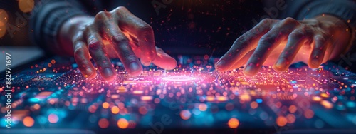 Business people working together on a digital tablet with a holographic interface, a closeup of hands pointing at data in a futuristic virtual screen technology concept.