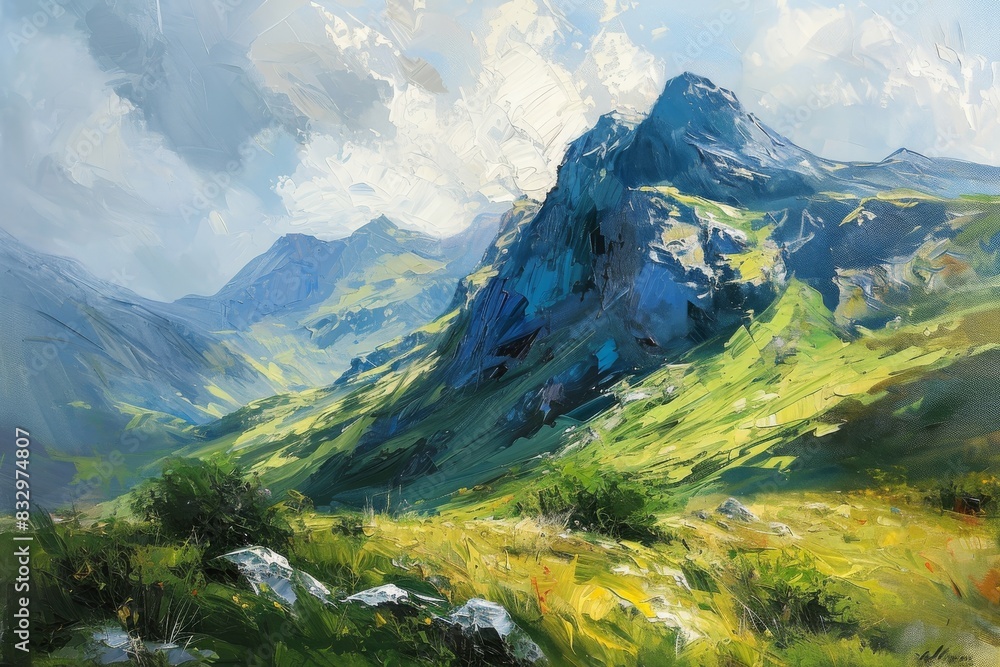 Fototapeta premium watercolor painting of a mountain, watercolor painting on wash paper with mountain, fog and trees, Ai generated