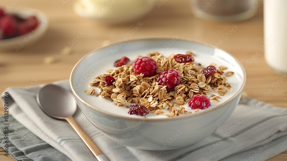 A close-up of a fresh, healthy breakfast. Granola and muesli with milk and raspberries are placed in a bowl, set on a napkin with a spoon beside it. The background features a bright, blurred kitchen. A close-up of a fresh, healthy breakfast. Granola and muesli with milk and raspberries are placed in a bowl, set on a napkin with a spoon beside it. The background features a bright, blurred kitchen.