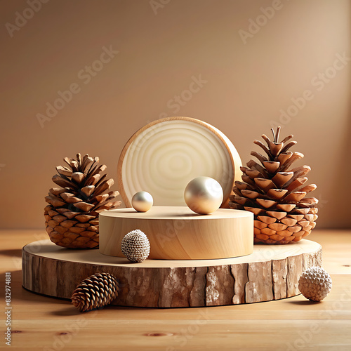 Woodland Display Empty Podium with Pinecones & Wooden Ball