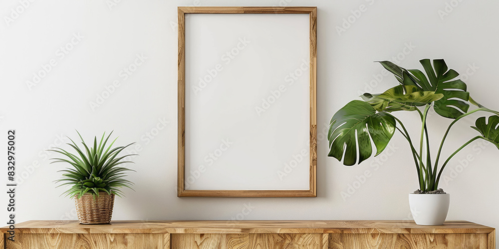 A blank wooden frame is hanging on the wall above an elegant oak sideboard, with a potted monstera plant adding life to the space, set against a white background. A blank wooden frame is hanging on the wall above an elegant oak sideboard, with a potted monstera plant adding life to the space, set against a white background.