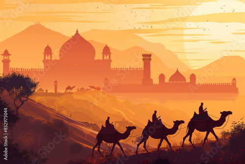 Traditional Mughal, camel caravan, vector style