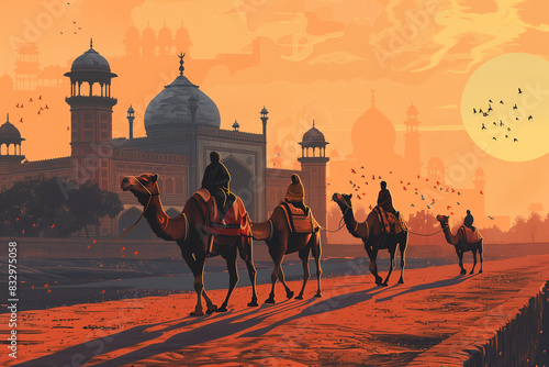 Traditional Mughal, camel caravan, vector style