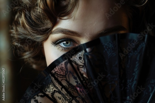 Vintage Charm: A 1920s Woman Hides Behind a Black Fan, Her Eyes Peering Out with Enigmatic Sophistication and Elegance.