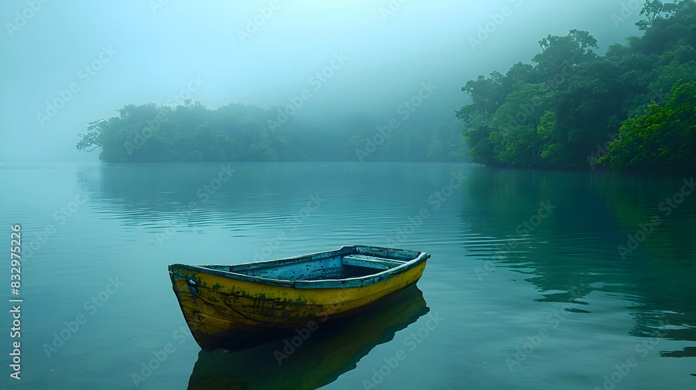 A serene nature island scene with a small boat gently floating on the water, the island in the background