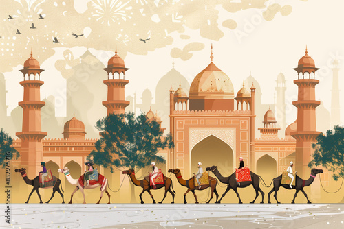 Traditional Mughal, camel caravan, vector style