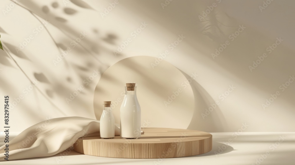 Minimal wooden pedestal for product presentation background, milk around. Milk day concept. Minimal wooden pedestal for product presentation background, milk around. Milk day concept.
