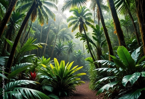 ground-level view of a tropical forest  with palm leaves and other foliage in the foreground against a backdrop of deeper forest greenery