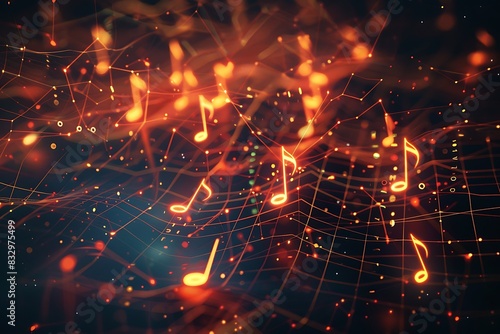 A glowing network map with data flowing along musical notes, symbolizing the harmony of information exchange