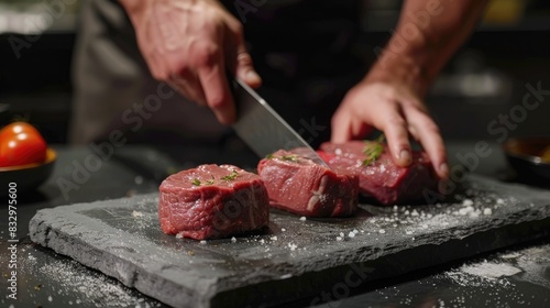 Beef Meat Steaks Being Cut on a Stone Cutting Board