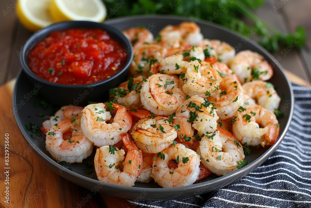 Plate of Shrimp With Side of Salsa Plate of Shrimp With Side of Salsa