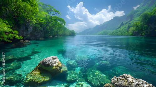 A serene nature lagoon with crystal-clear turquoise water and lush vegetation surrounding it