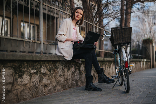 Confident young woman using a laptop while seated outside on a sunny day, with her bicycle parked beside her.