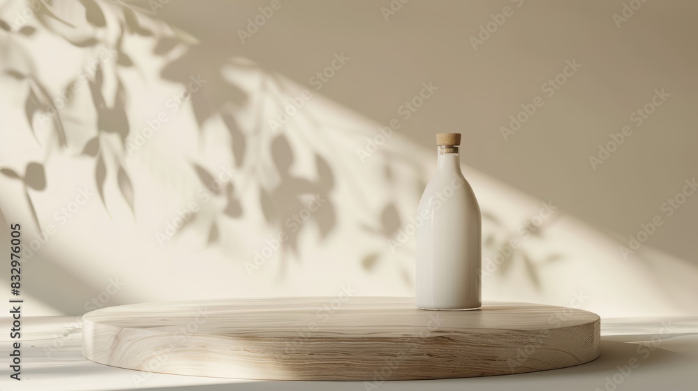 Minimal wooden pedestal for product presentation background, milk around. Milk day concept.