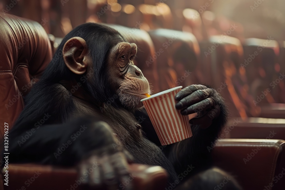 Apes at the Movies: A Chimpanzee Drinking Coffee During a Cinema Outing, Creating an Amusing and Memorable Scene at Cinema. Apes at the Movies: A Chimpanzee Drinking Coffee During a Cinema Outing, Creating an Amusing and Memorable Scene at Cinema.
