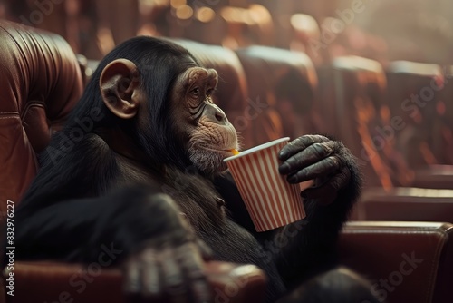Apes at the Movies: A Chimpanzee Drinking Coffee During a Cinema Outing, Creating an Amusing and Memorable Scene at Cinema. photo