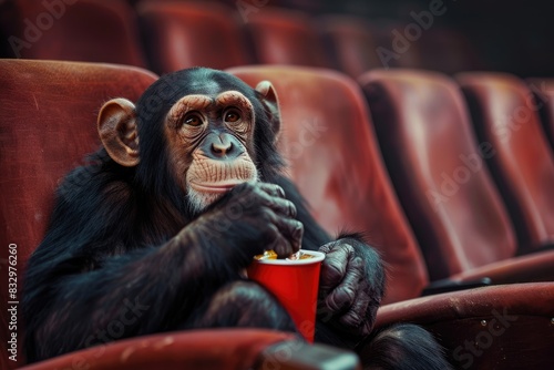 Apes at the Movies: A Chimpanzee Indulging in Popcorn During a Cinema Outing, Creating an Amusing and Memorable Scene at Cinema. photo