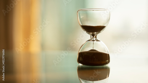 Hourglass with cityscape on panoramic skyline and buildings in the morning background with sun light. The concept of modern life, business, time, management and city life.