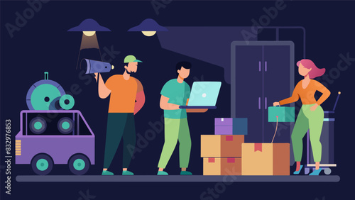 The AV team staying late after the service to pack up equipment and make sure the churchs audiovisual needs are prepared for the next event.. Vector illustration