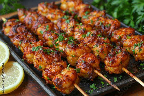 Chicken Skewers With Lemon Wedges and Parsley
