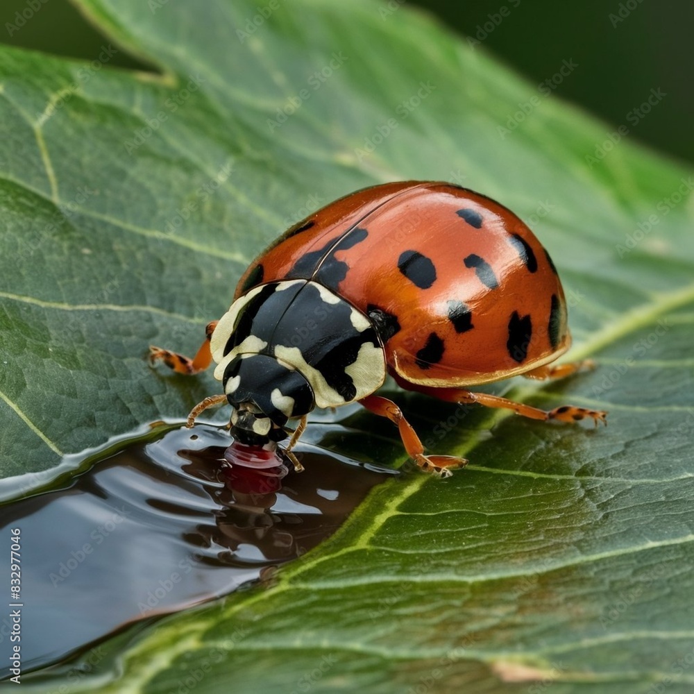 Fototapeta premium A ladybug is drinking water on a leaf