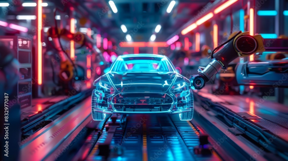 Robotic arms assembling cars with holographic guides, modern factory, neon and blue tones Robotic arms assembling cars with holographic guides, modern factory, neon and blue tones