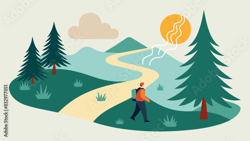 Along the trail the guide encourages the hikers to use their senses pointing out the crisp scent of pine needles and the soothing sound of a nearby. Vector illustration