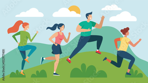 A group of friends enjoys a highintensity interval training session on the hillside sprinting up and down and using their body weight for resistance.. Vector illustration