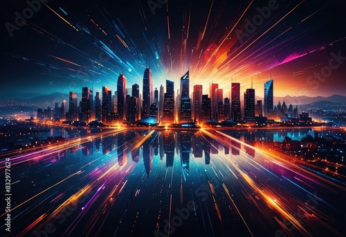 abstract image with bright  colorful light patterns resembling a digital landscape  set against a dark cityscape at night