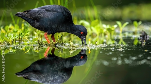 Feeding behavior of a Common Gallinule on aquatic plants in shallow water with bird s reflection photo