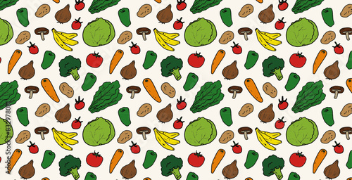 食品・食材・野菜の手書き線画のベクターシームレス背景 Vector seamless backgrounds of hand-drawn and line drawings of food, ingredients and vegetables.