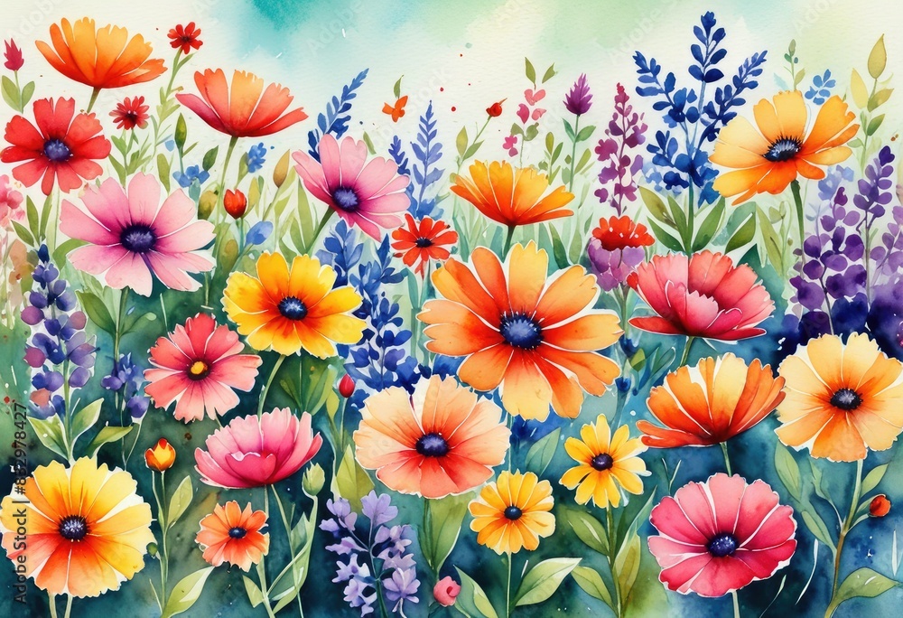artistic representation of a garden of watercolor flowers, showcasing the lively colors and serene watercolor texture, with ample negative space for versatility in design