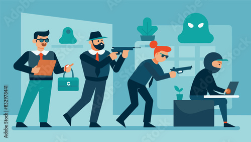 Security team members take turns acting as potential intruders giving their peers an opportunity to practice intercepting and neutralizing threats.. Vector illustration