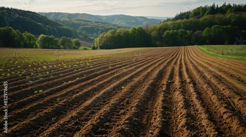 A peaceful field - rows of freshly ploughed earth, carefully prepared for planting next season's crop, symbolising the promise of growth and the cyclical nature of agricultural life.